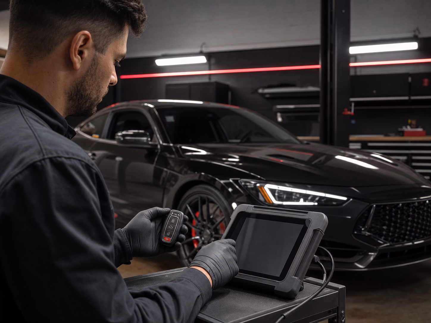 Technicien programmant une clé automobile avec un outil de diagnostic