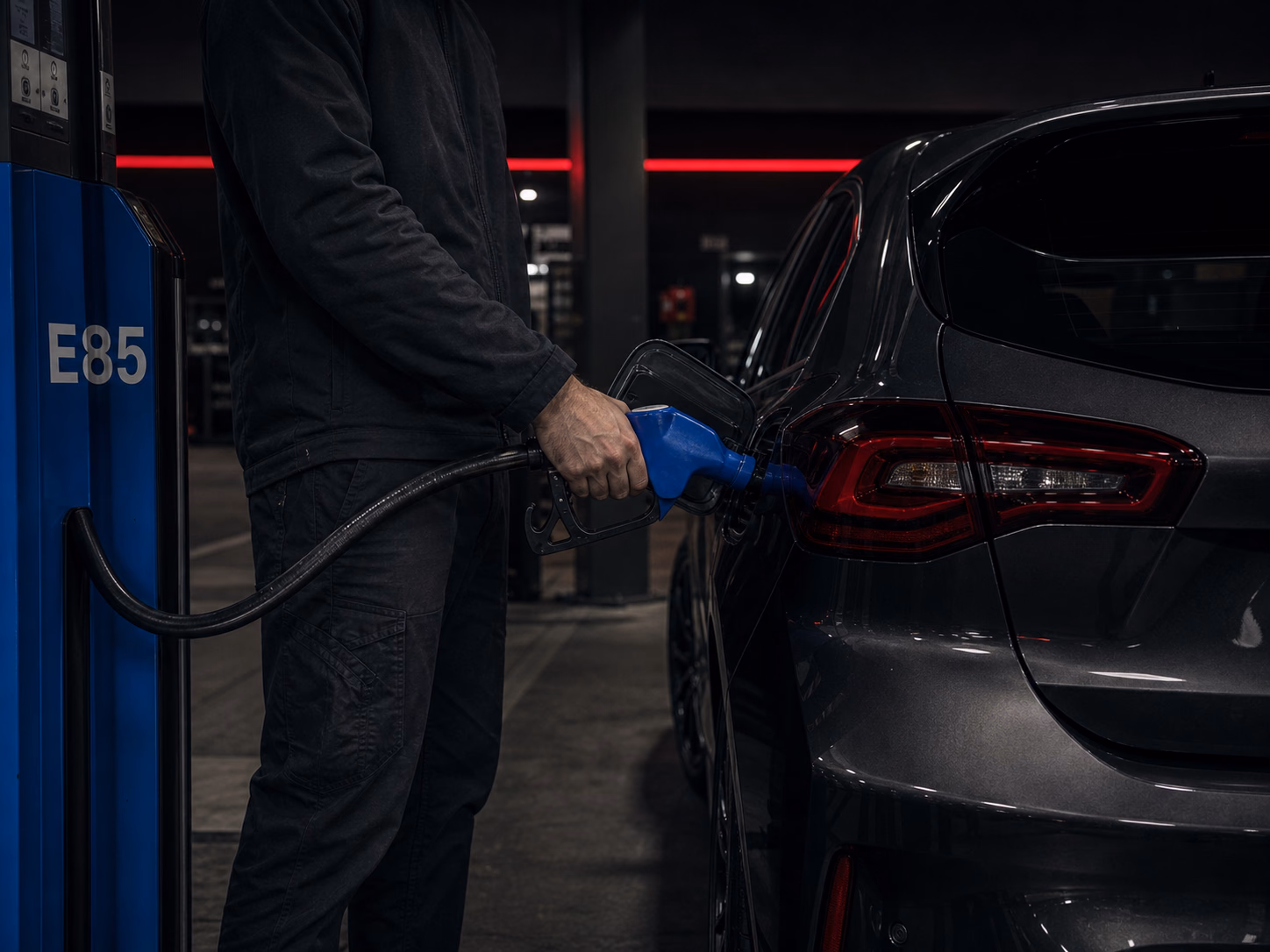 Conducteur faisant le plein à une pompe E85 bleue