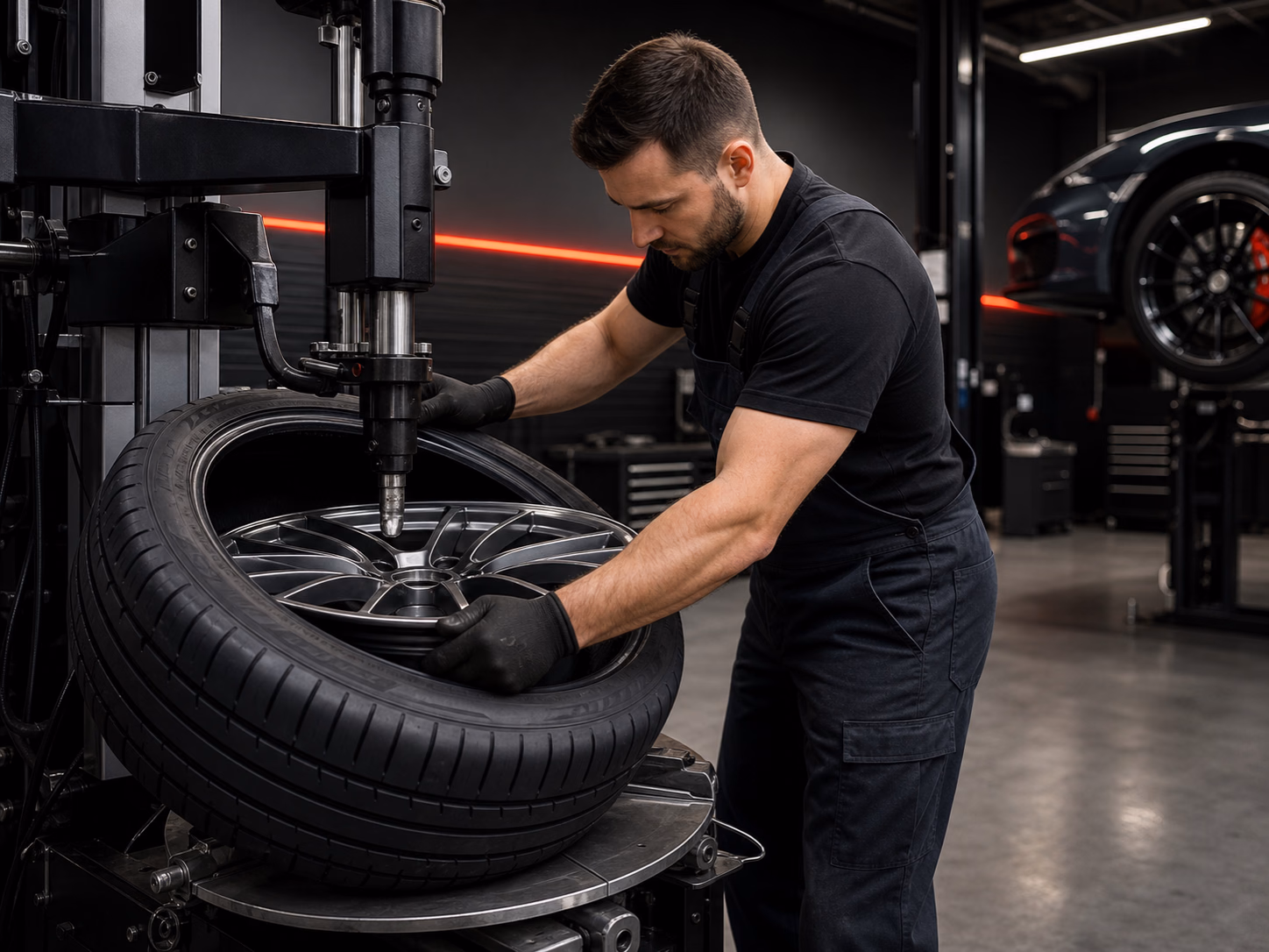 Technicien montant un pneumatique sur une jante en atelier